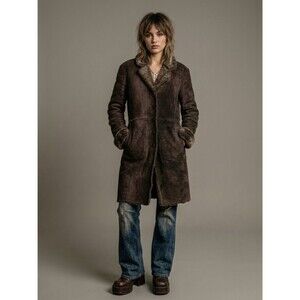 Express Vintage Y2K Suede Leather Faux Fur Shearling Penny Lane Brown Coat Large